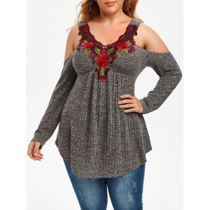 

Plus Size Cold Shoulder Floral Applique Knitwear, Ash gray