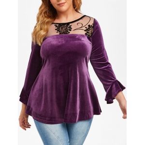 

Mesh Panel Flocked Velvet Plus Size Blouse, Purple