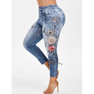 

Plus Size 3D Print Floral Butterfly Jeggings, Light blue