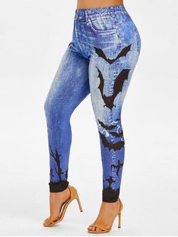 Plus Size Bat 3D Printed High Waisted Jeggings - BLUE - L