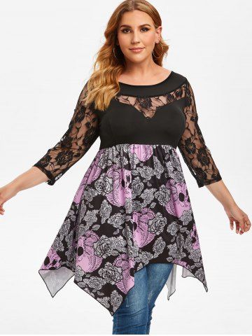 

Plus Size Flower Skull Lace Panel Sheer Hanky Hem Tee, Black