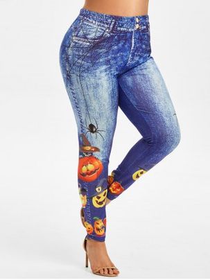 Plus Size Halloween Funny Pumpkin 3D Pattern High Waisted Jeggings