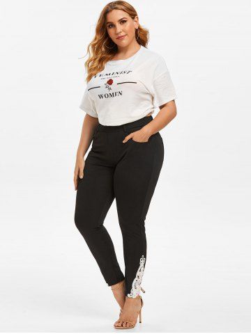

Plus Size Lace Insert Tapered Pants, Black