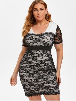 Plus Size Lace See Thru Frilled Tight Plunging Dress