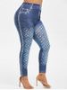 Plus Size High Waisted 3D Jean Print Jeggings -  