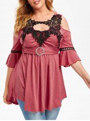 Plus Size Lace Crochet Flare Sleeve Open Shoulder T Shirt -  
