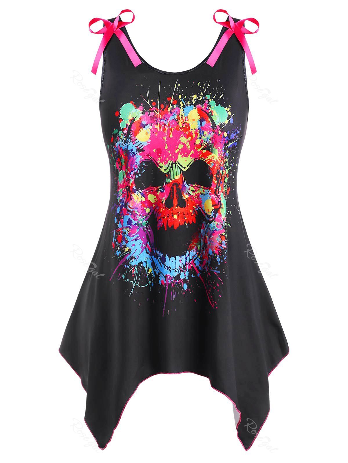 

Rose Skull Paint Splatter Bowknot Handkerchief Halloween Plus Size Tank Top, Black