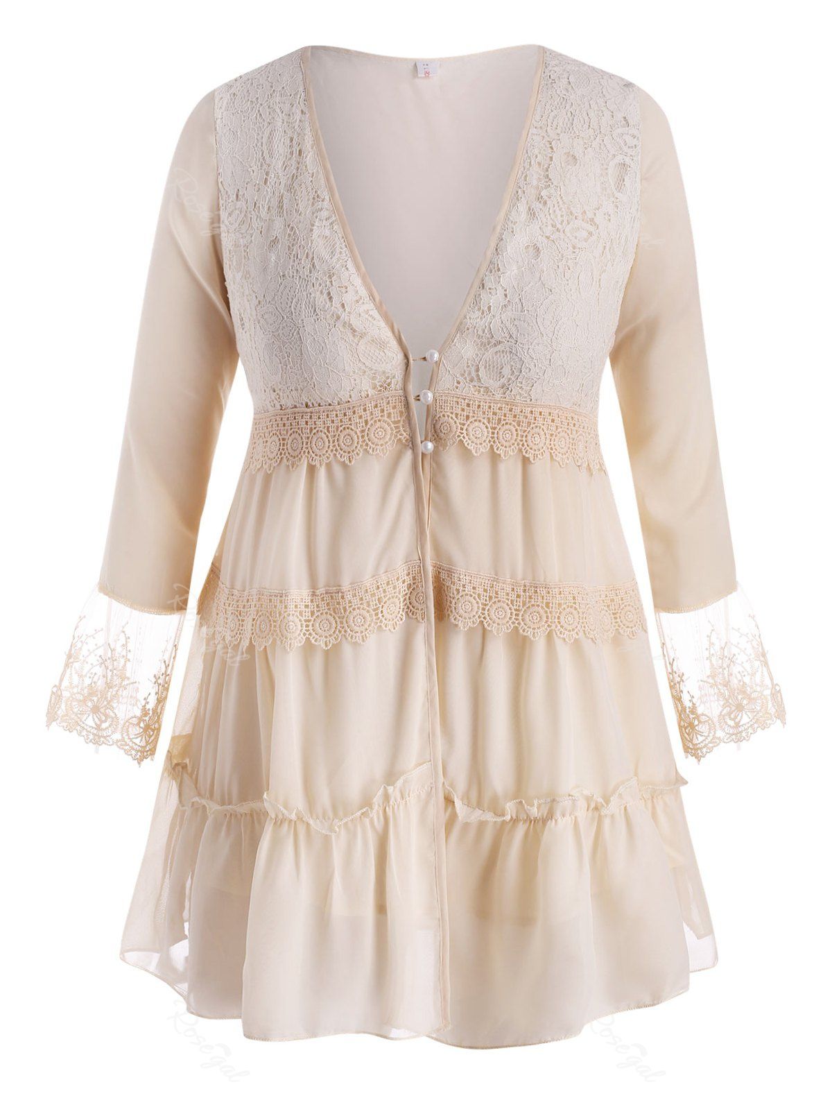 

Mesh Panel Lace Panel Button Loop Plus Size Blouse, Light coffee