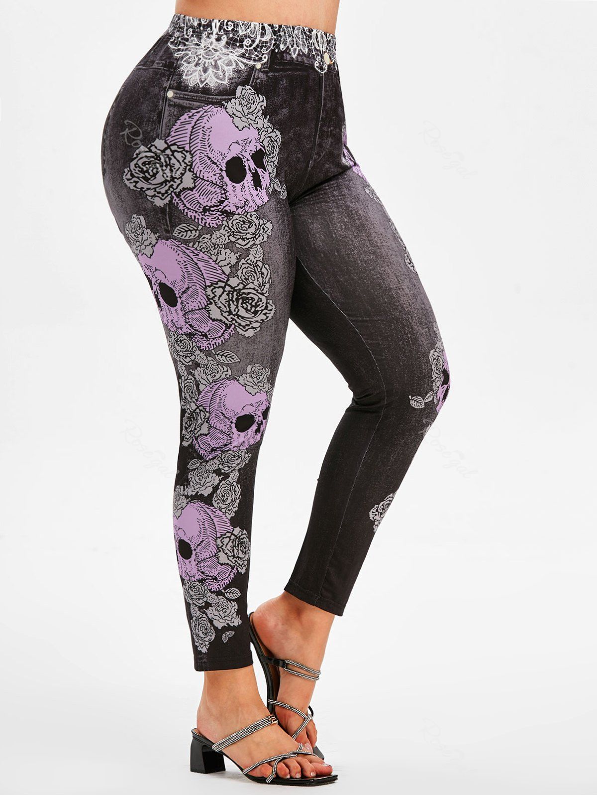 

3D Print Skull Floral Halloween Plus Size Jeggings, Black