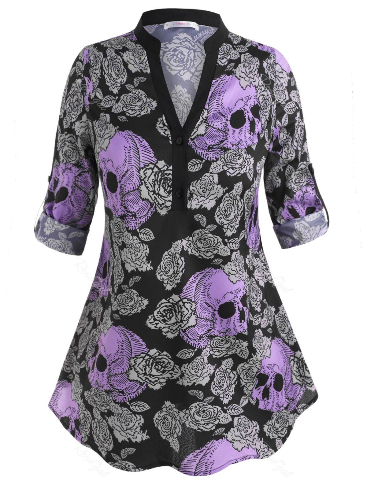 

Skull Floral Tab Sleeve Halloween Plus Size Blouse, Purple