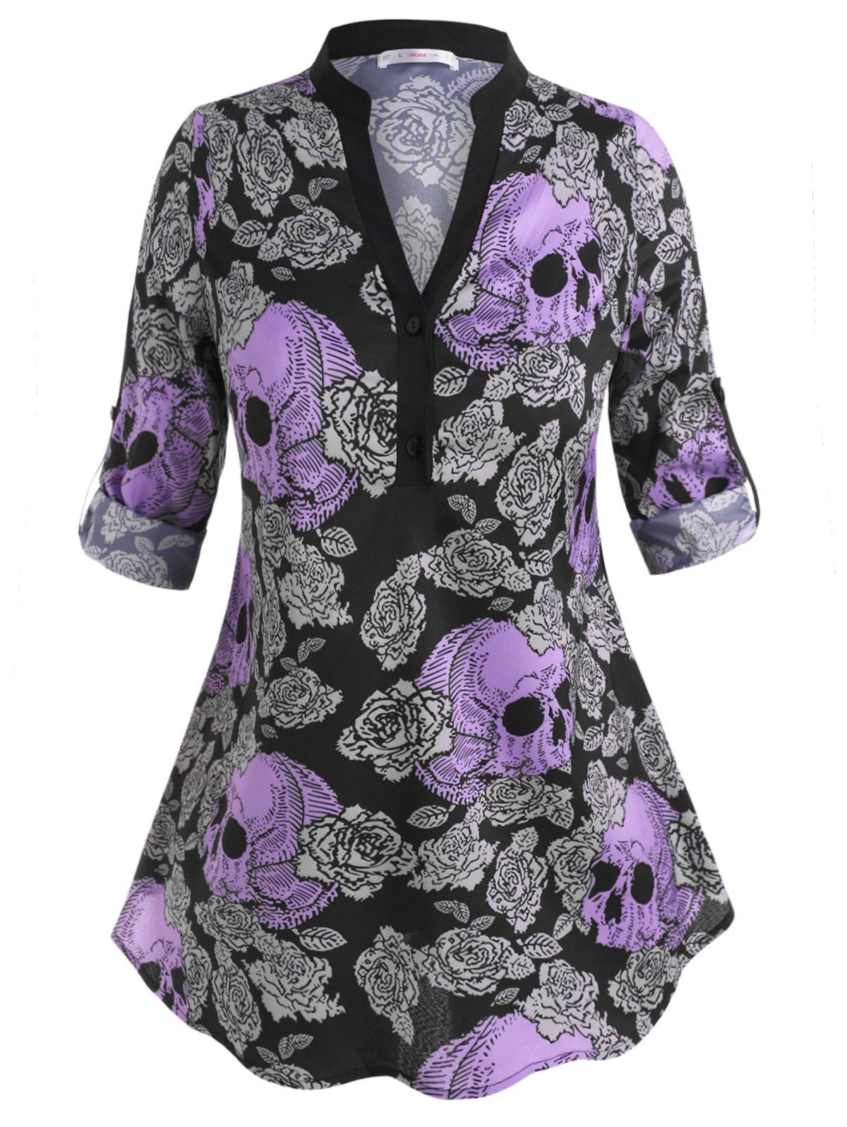 Skull Floral Tab Sleeve Halloween Plus Size Blouse [45% OFF] | Rosegal