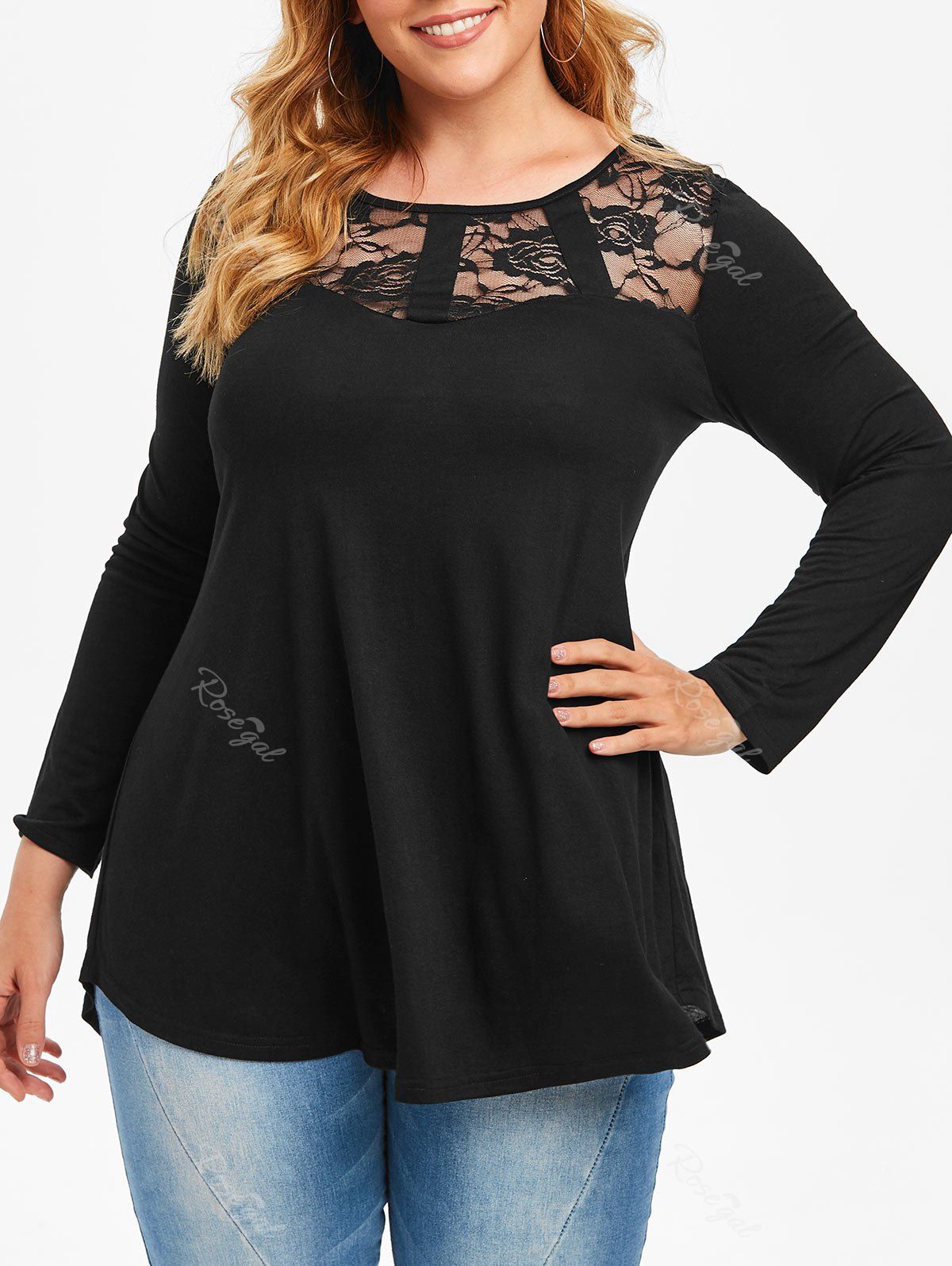 Plus Size Lace Panel Curved Tunic Tee