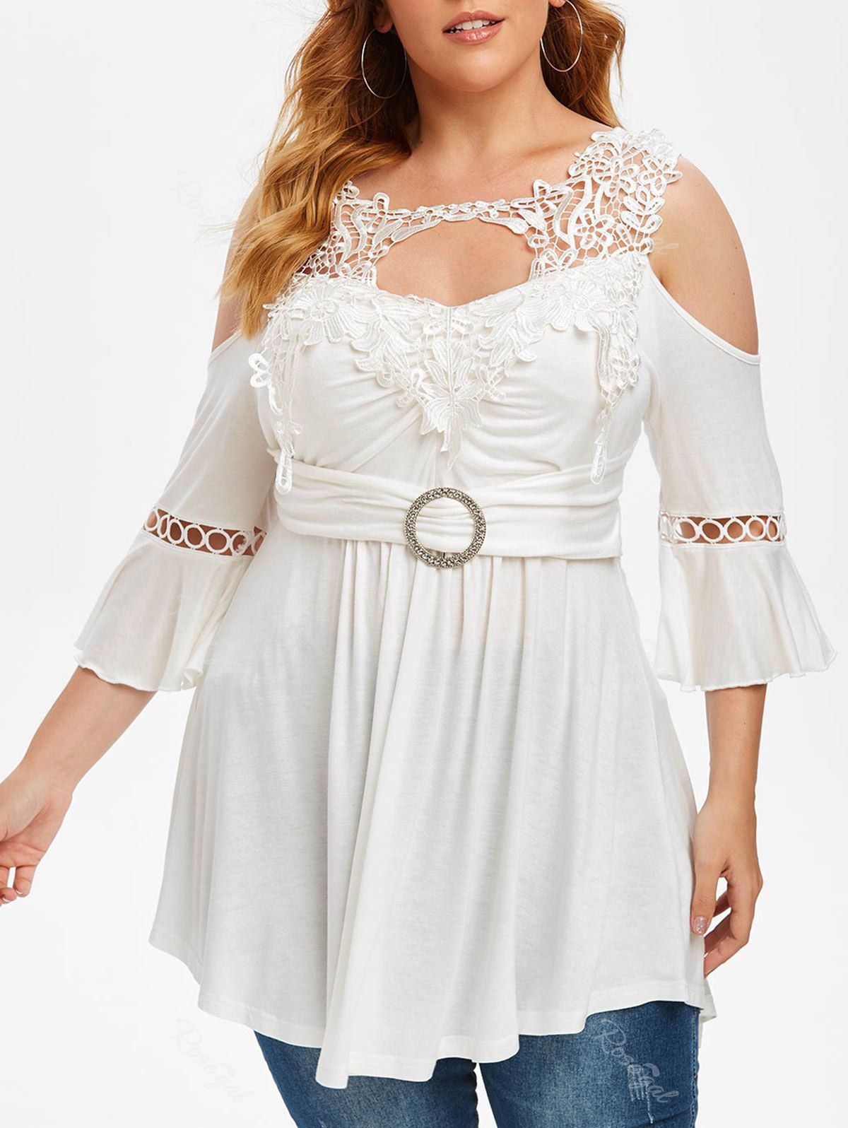 

Plus Size Lace Crochet Flare Sleeve Open Shoulder T Shirt, White