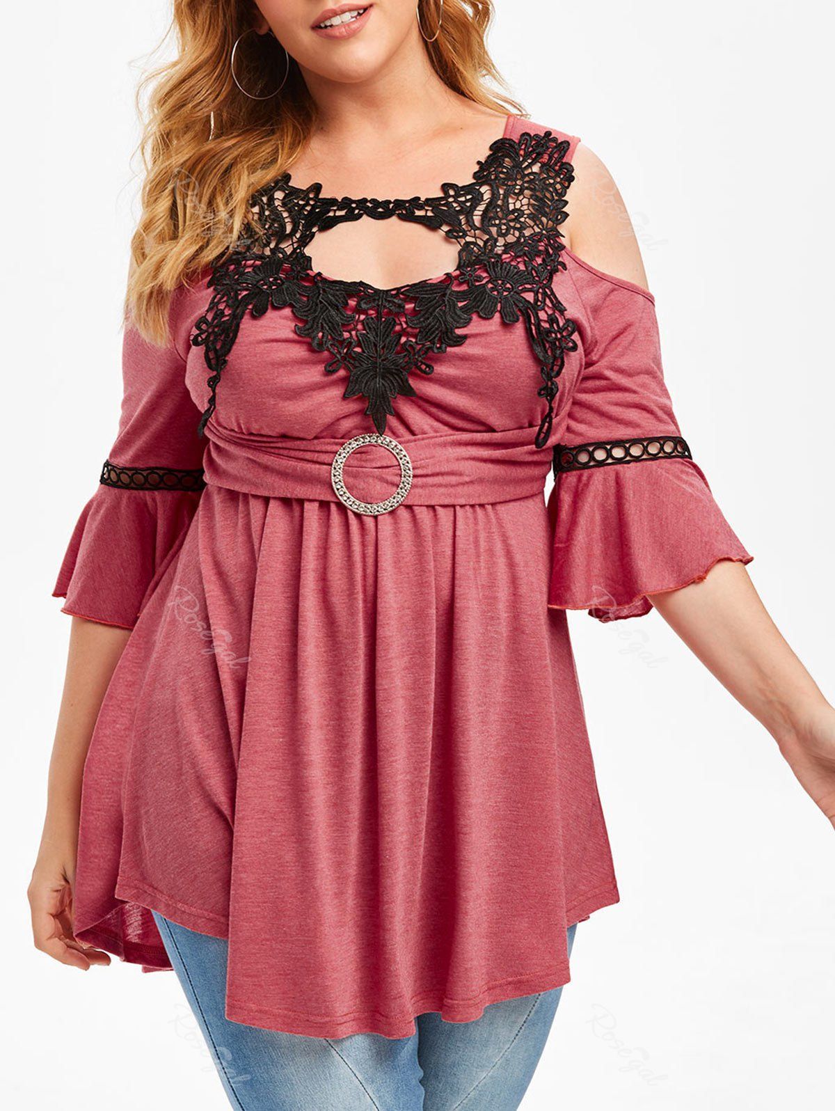 Shops Plus Size Lace Crochet Flare Sleeve Open Shoulder T Shirt  