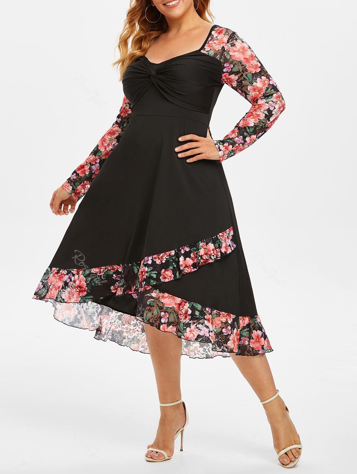 

Plus Size Floral Lace Twist High Low Dress, Black