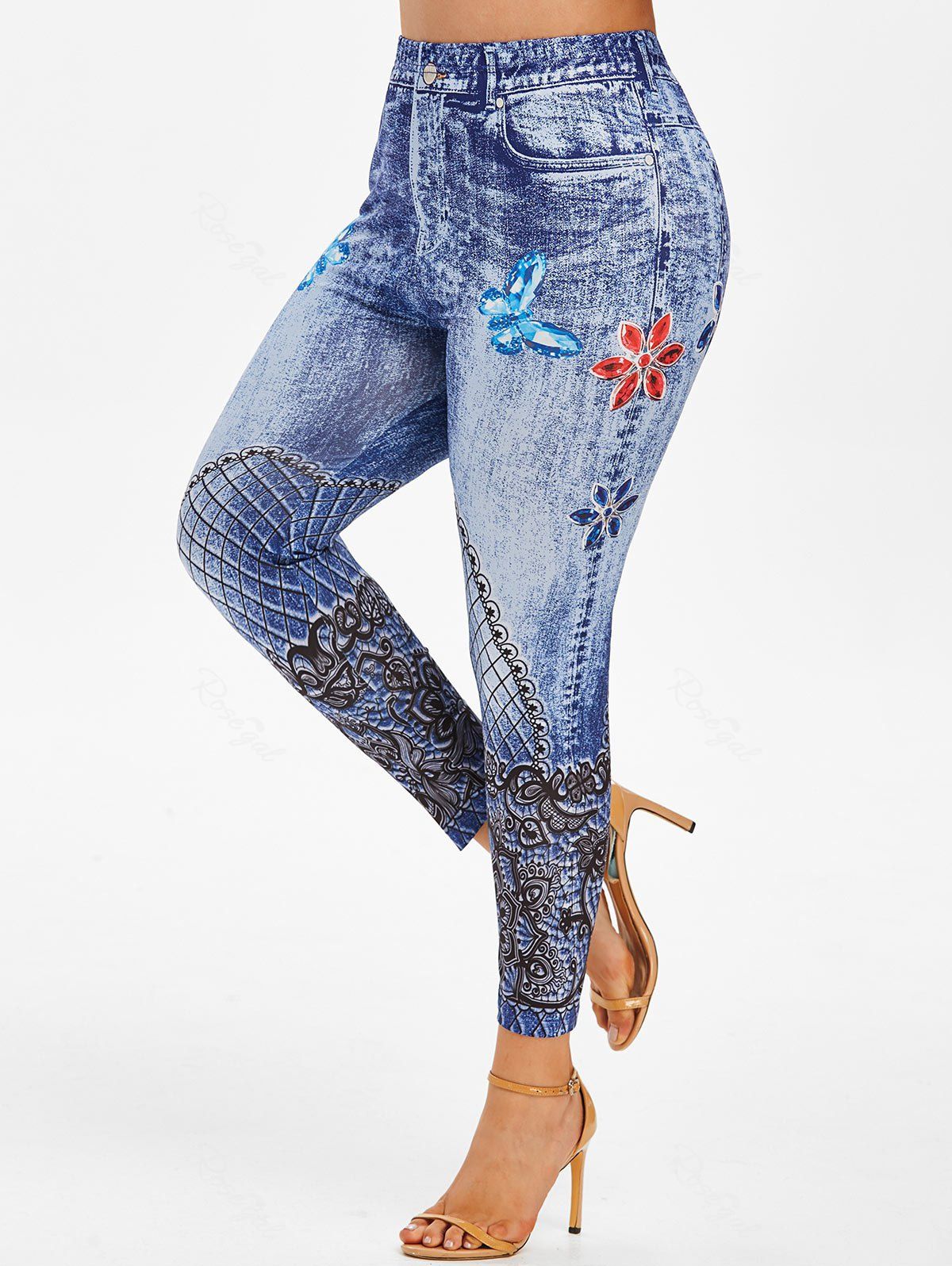 Affordable Plus Size 3D Lace Print Butterfly Ninth Jeggings  