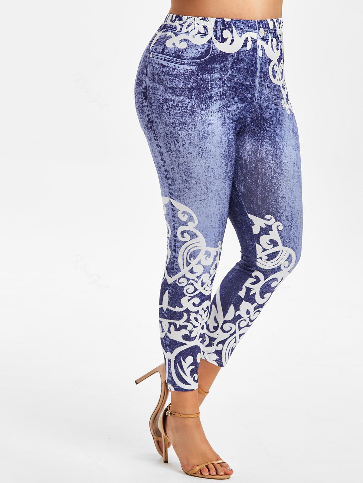 

Plus Size Anthemion 3D Jean Print High Waisted Jeggings, Deep blue