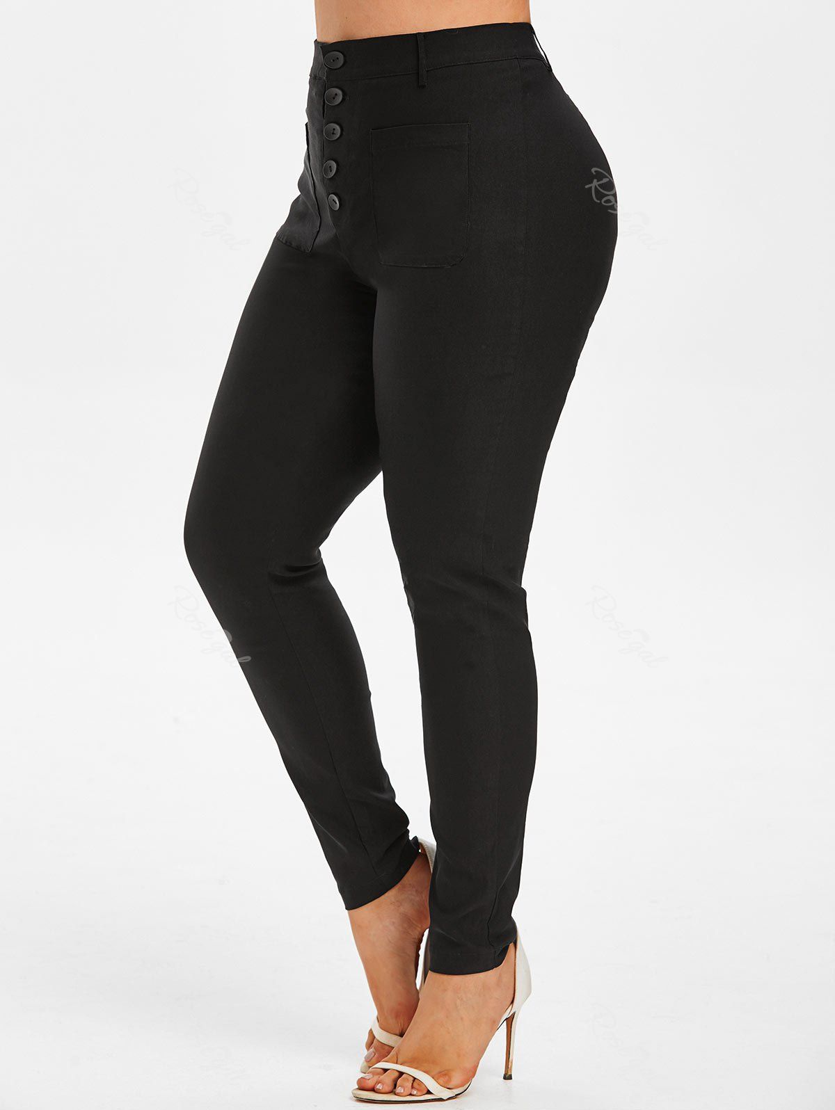 

Plus Size Button Fly Front Pocket Skinny Pants, Black
