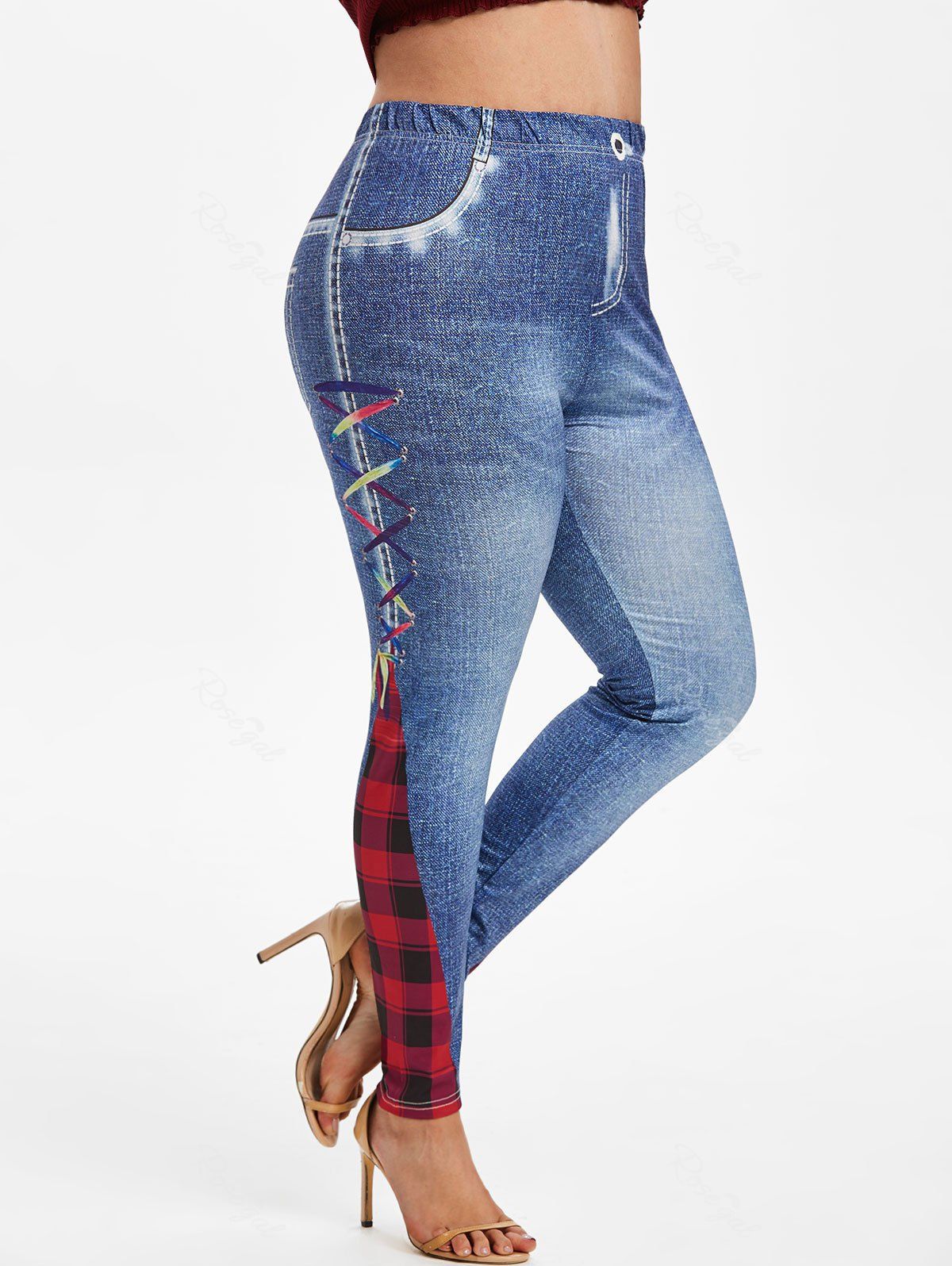 

Plus Size Plaid Lace-up 3D Jean Print High Rise Jeggings, Deep blue