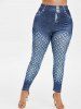 Plus Size High Waisted 3D Jean Print Jeggings -  