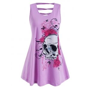 

Plus Size Floral Skull Print Ladder Cutout Tank Top, Light purple