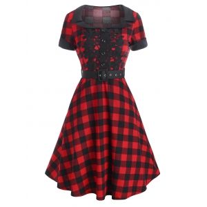

Plaid Lace Applique Cuffed Belt Vintage Dress, Red