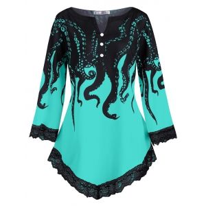 

V-notched Scalloped Lace Trim Octopus Print Plus Size Blouse, Green