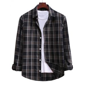 

Plaid Long Sleeve Turn Down Collar Shirt, Black