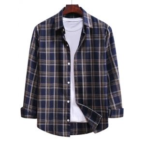 

Plaid Long Sleeve Turn Down Collar Shirt, Denim dark blue