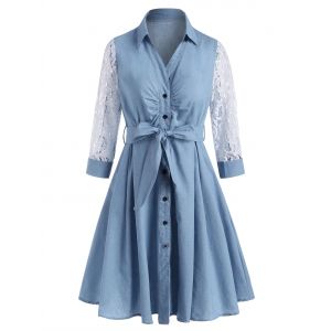 

Lace Sleeve Pleated Detail Chambray Belt Shirt Dress, Light blue