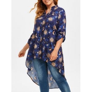 

Plus Size Roll Up Sleeve Sun Moon Print High Low Blouse, Deep blue