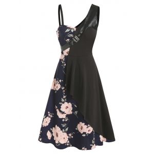 

Floral Print Buckled Layered Asymmetrical A Line Dress, Cadetblue