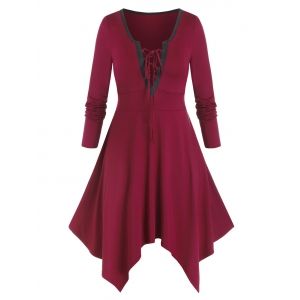 

Plus Size Lace-up Hanky Hem Long Sleeve Casual Dress, Red wine