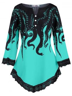 V-notched Scalloped Lace Trim Octopus Print Plus Size Blouse - GREEN - L