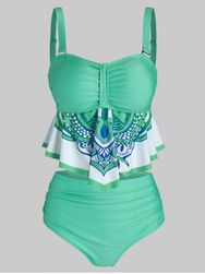 Bohemian Print Ruched Padded Tankini Set - LIGHT GREEN