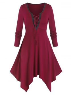 Plus Size Lace-up Hanky Hem Long Sleeve Casual Dress - RED WINE - L