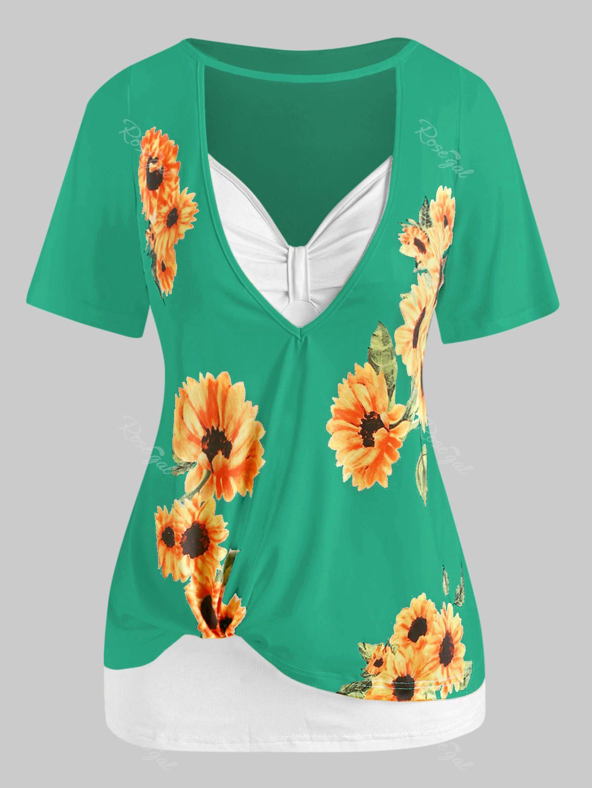 

Plus Size Cutout Sunflower Print Tee and Tank Top Set, Green