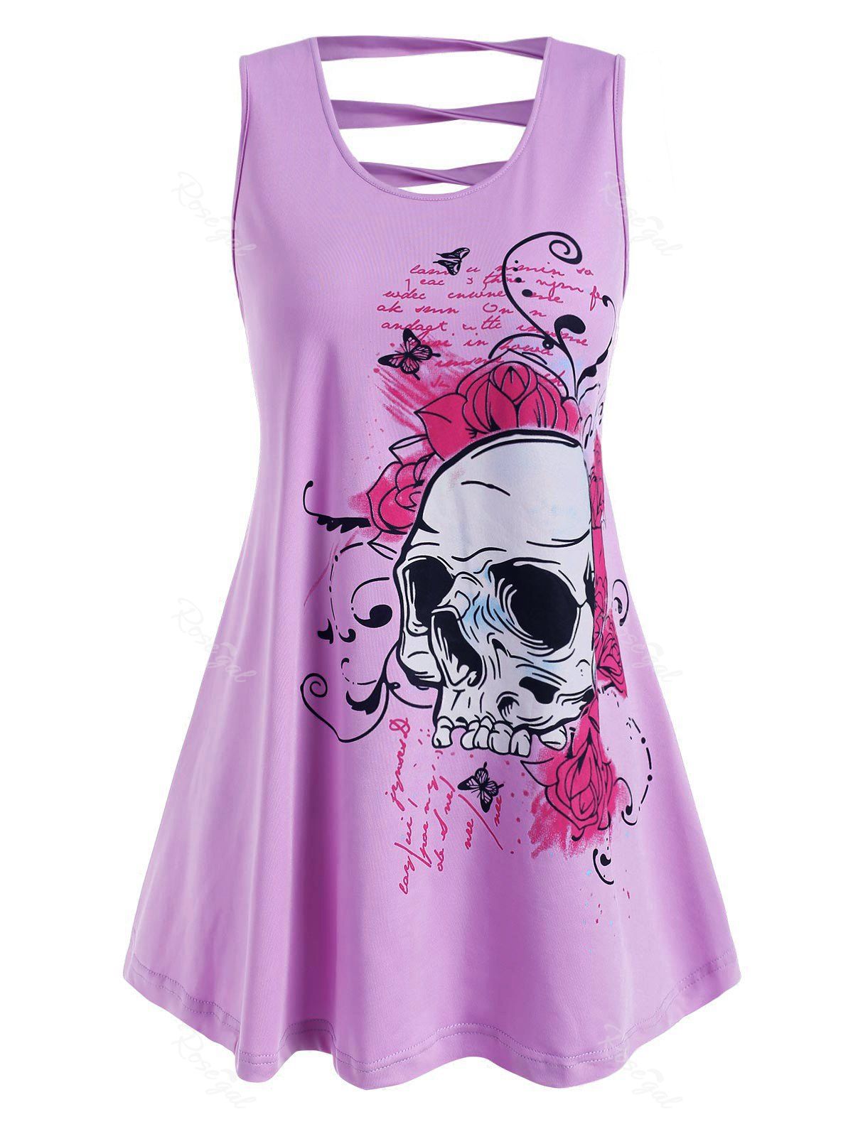 

Plus Size Floral Skull Print Ladder Cutout Tank Top, Light purple