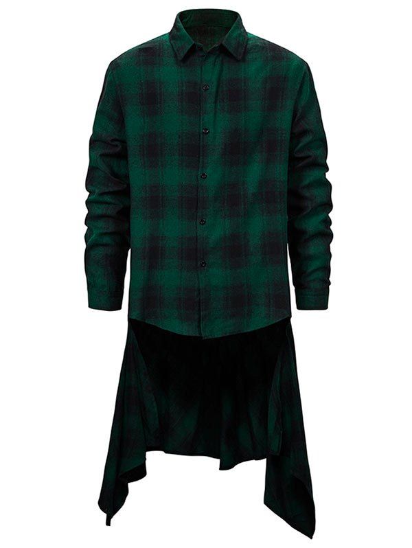 

Plaid Print Button Up High Low Longline Shirt, Deep green