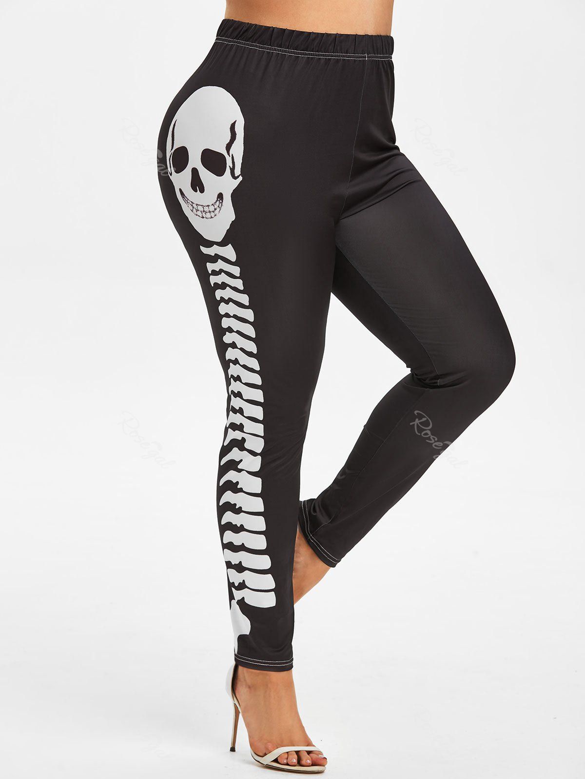 Legging à Imprimé Squelette Contrasté de Grande Taille Noir 4X