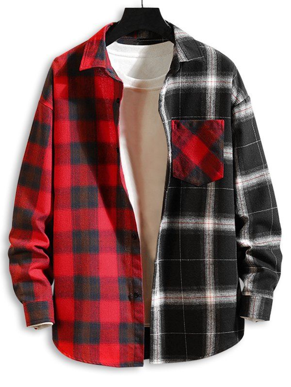 

Colorblock Panel Plaid Long Sleeve Shirt, Red