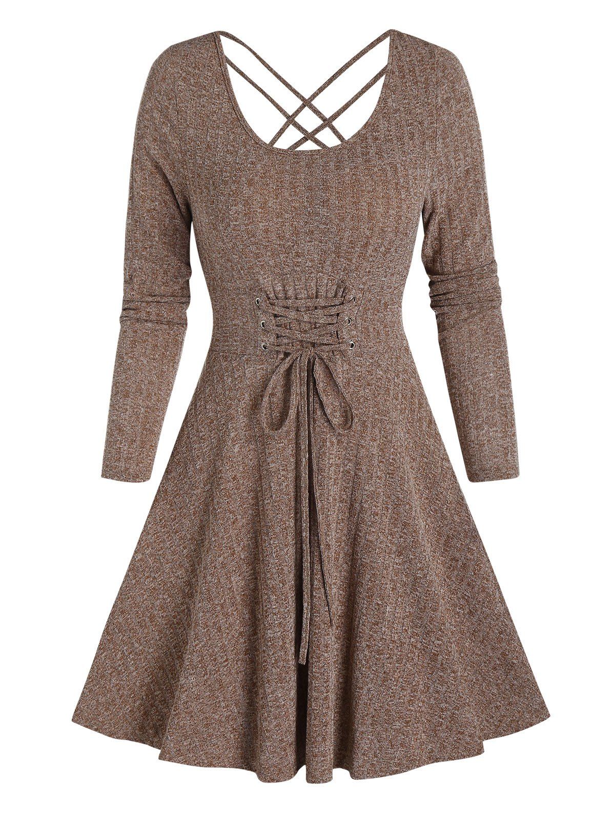 

Long Sleeve Lace-up Front Mini Ribbed Dress, Coffee