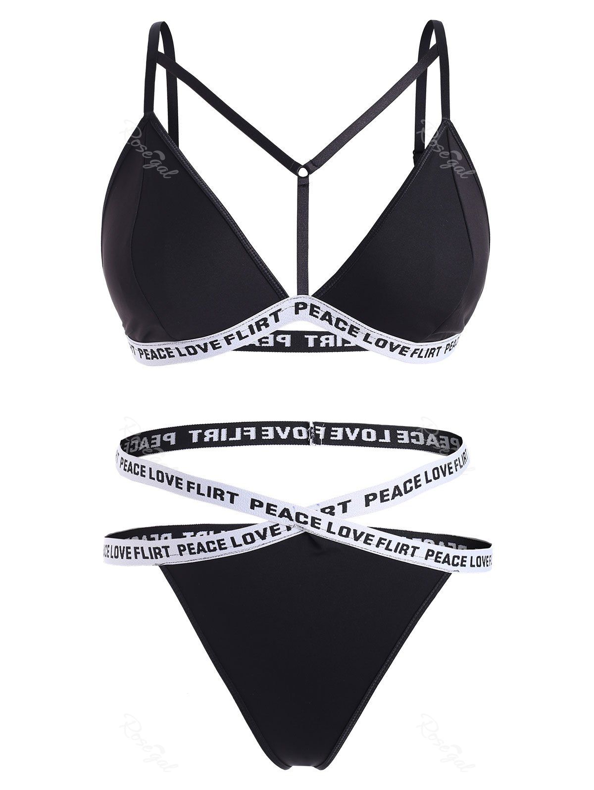 

Plus Size Cutout Peace Love Flirt Print Bra Set, Black