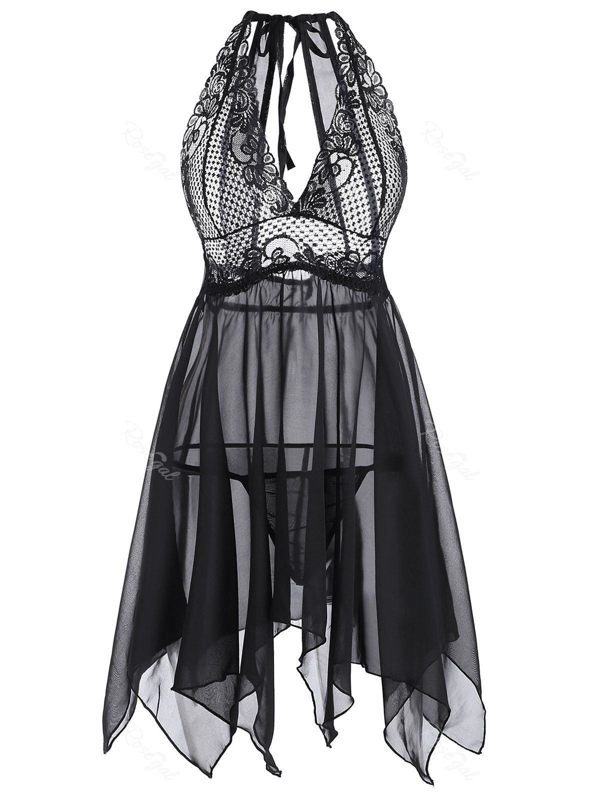 

Plus Size Lace Insert Sheer Handkerchief Lingerie Babydoll, Black