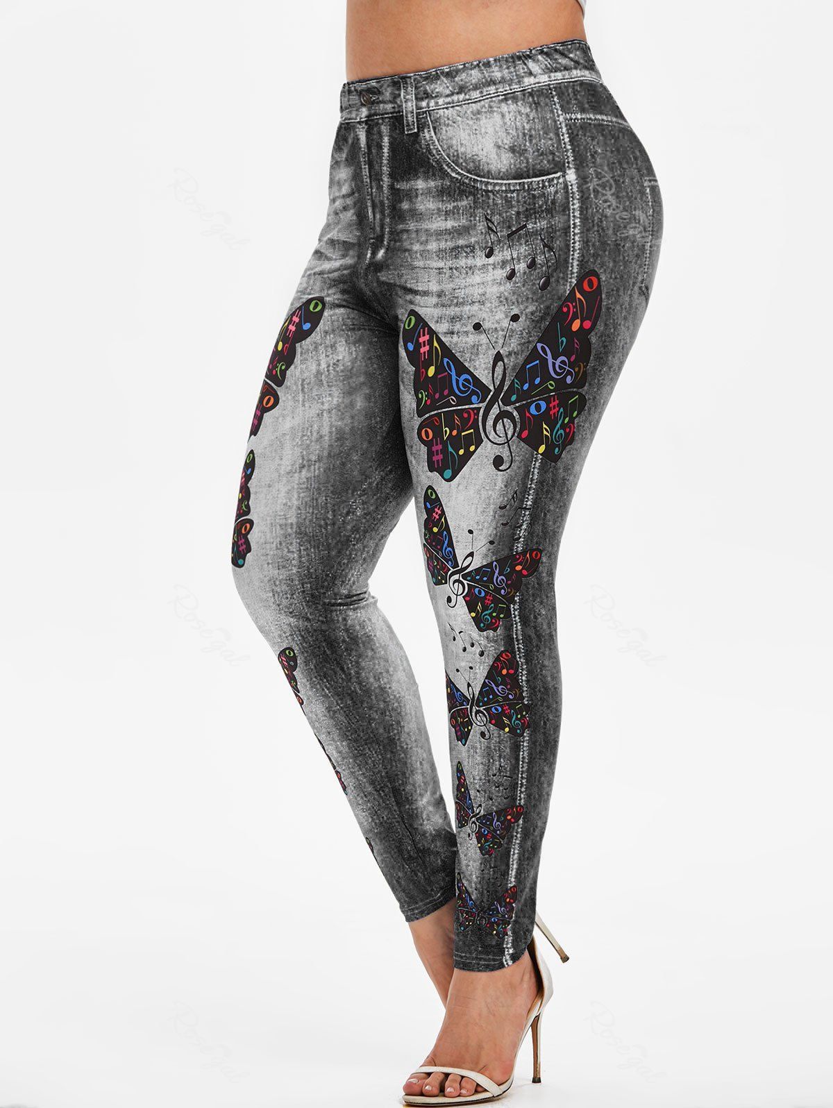 

Plus Size Butterfly Musical Notes 3D Print High Waisted Jeggings, Black