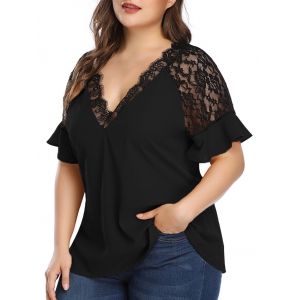 

Plus Size Lace Insert Plunging Neck Blouse, Black