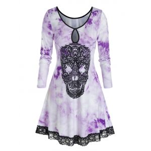 

Plus Size Skull Tie Dye Lace Hem Keyhole Long Sleeve Tee, Light purple