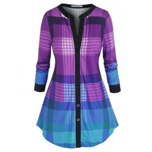 

Plus Size Plaid V Bar Curved Hem Tunic Top, Purple