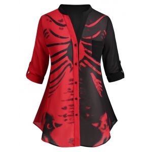 

Button Up Skeleton Print Chiffon Halloween Plus Size Shirt, Red