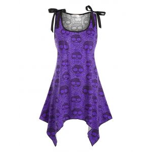 

Bowknot Lace Panel Skull Halloween Plus Size Tank Top, Purple